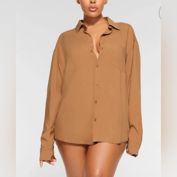 SKIMS Cover Ups Long Sleeve Button Down Shirt | Oversized Top | Almond XXS NWT - Picture 1 of 7